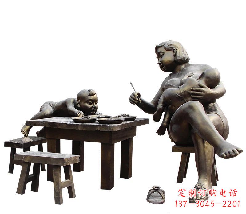 沈阳哺乳的母亲和吃饭的儿童公园小品铜雕