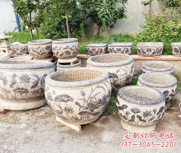 沈阳仿古石雕鲤鱼浮雕水缸