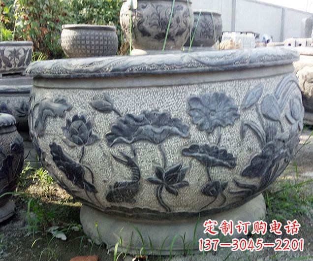 沈阳中领雕塑仿古荷花石浮雕水缸