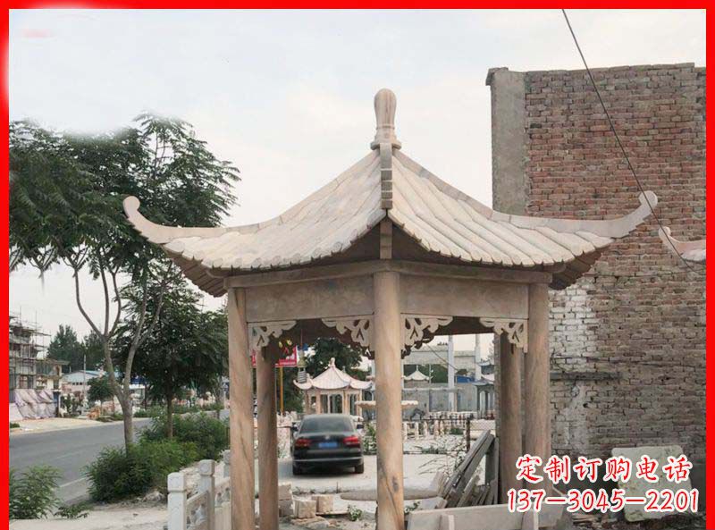 沈阳公园晚霞红六角石凉亭雕塑