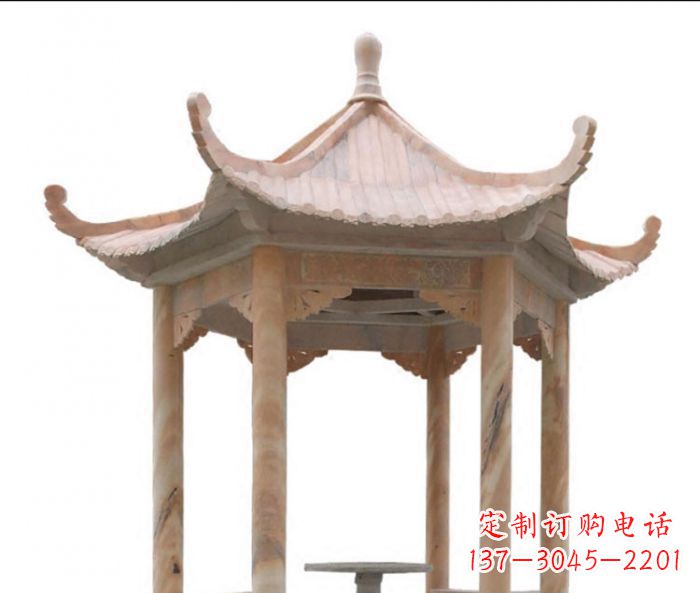 沈阳美丽而优雅的公园晚霞红六角石凉亭雕塑