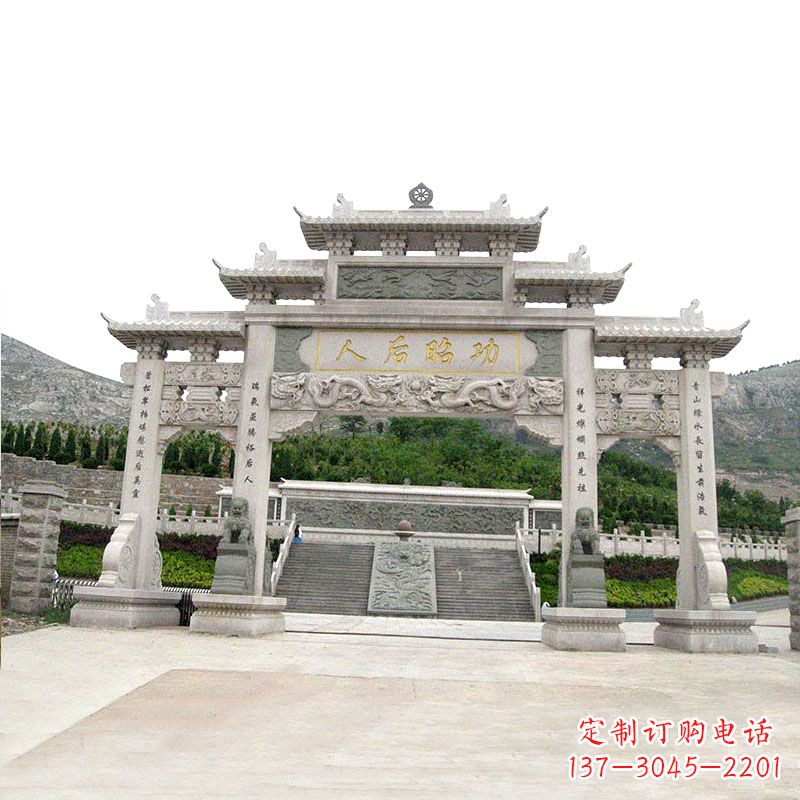 沈阳艺术精美的汉白玉三门石雕塑牌坊