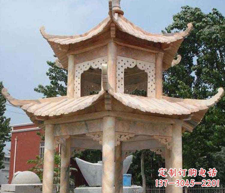 沈阳双层晚霞红凉亭石雕