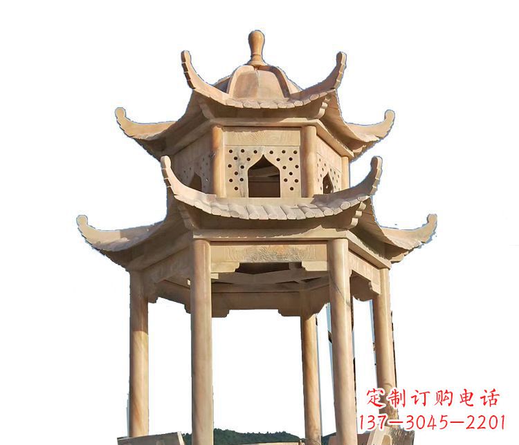 沈阳双层晚霞红凉亭石雕 (2)