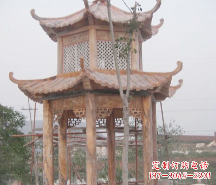 沈阳双层晚霞红石凉亭石雕 (2)