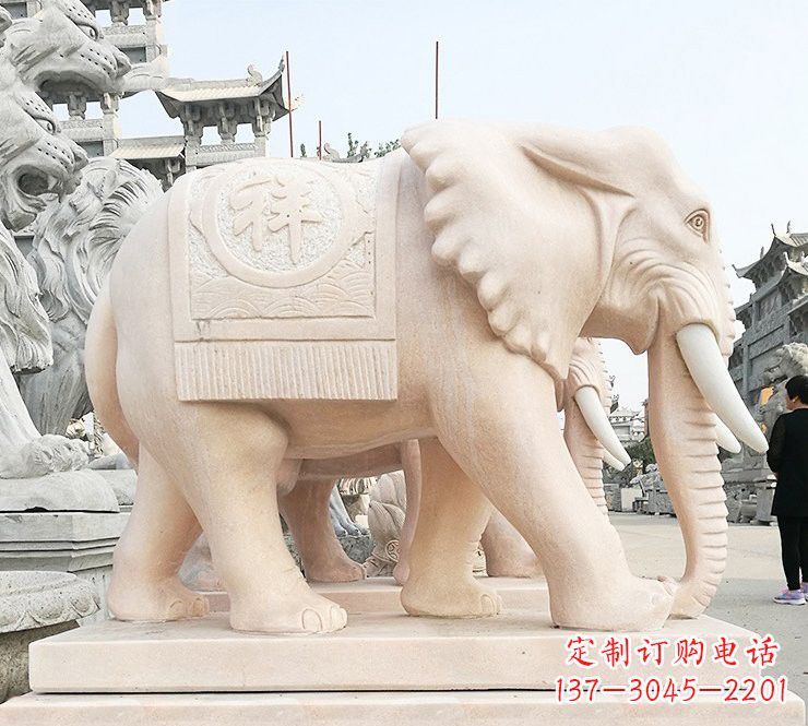沈阳晚霞红吉祥如意大象石雕