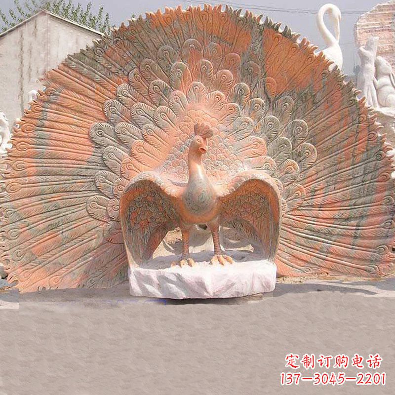 沈阳晚霞红石雕孔雀-公园园林景观动物雕塑