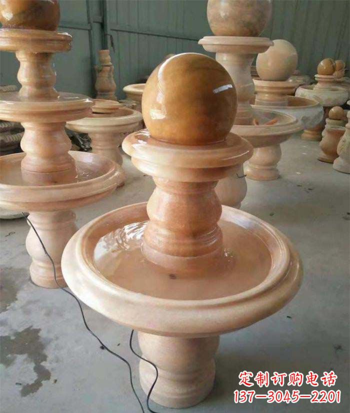 沈阳晚霞红双层风水球别墅喷泉石雕
