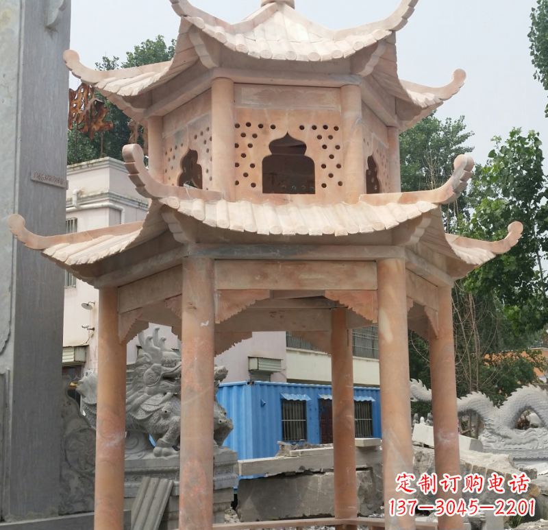 沈阳晚霞红双层六角凉亭石雕 (2)