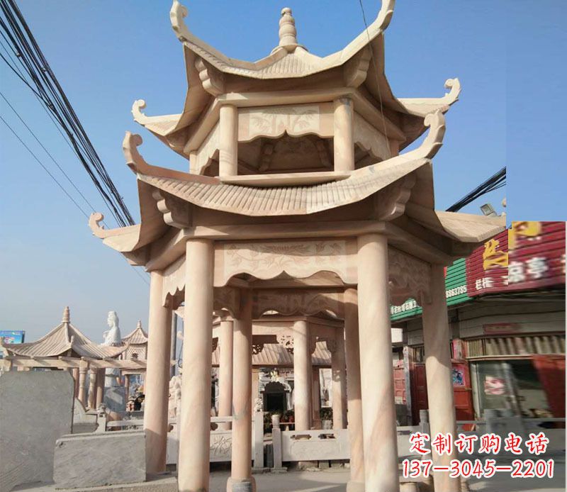 沈阳晚霞红双层六角凉亭石雕 (3)