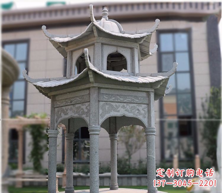 沈阳小区大理石六角石雕双层凉亭