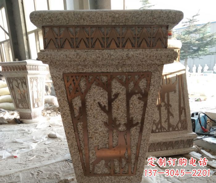 沈阳小区大理石梅花鹿石浮雕花盆