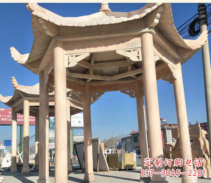 沈阳园林景观晚霞红六角石雕凉亭 (2)