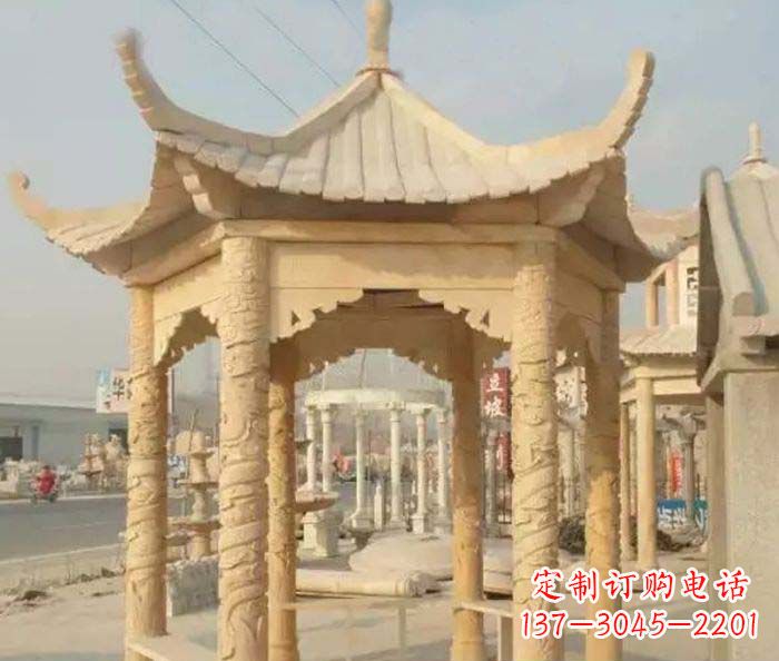 沈阳园林景观晚霞红六角石雕凉亭 (3)