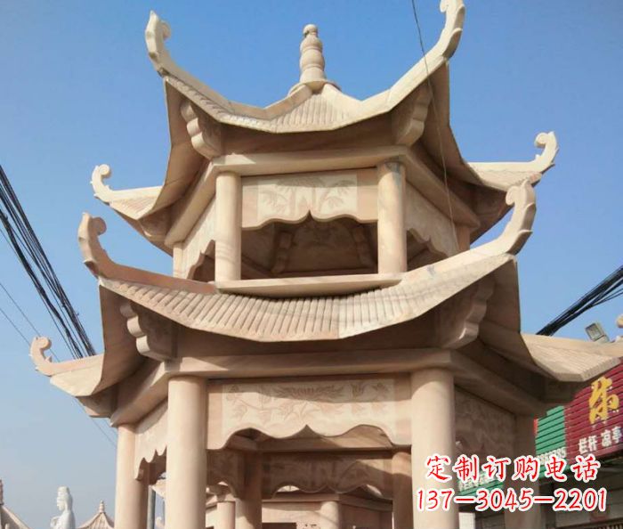 沈阳园林景观晚霞红双层石雕凉亭 (2)