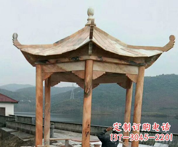沈阳园林晚霞红单层石凉亭景观石雕