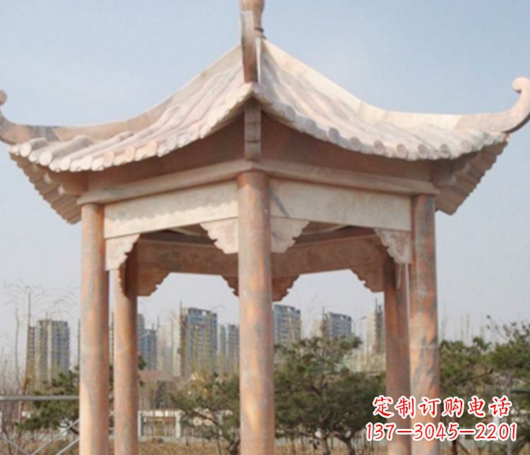 沈阳园林晚霞红六角石凉亭景观石雕