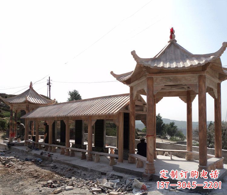 沈阳园林晚霞红长廊凉亭景观石雕